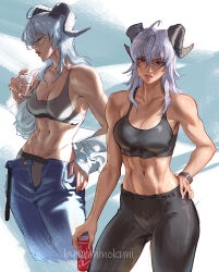 1girl ahoge bare_shoulders black_horns black_leggings black_sports_bra breasts can cleavage collarbone commentary cup curled_horns denim drink_can drinking_glass english_commentary grey_hair hair_between_eyes hand_on_own_hip highres holding holding_can holding_cup horns jeans large_breasts leggings long_hair looking_at_viewer multiple_views navel open_fly pants parted_lips red_eyes sports_bra stomach toned toned_female wuthering_waves yaminokuni zani_(wuthering_waves)