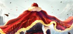 1boy artist_request back belt cape fate/grand_order fate_(series) from_behind fur-trimmed_cape fur_trim game_cg grey_sky iskandar_(fate) male_focus muscular muscular_male official_art outdoors red_hair shirt sky solo third-party_source upper_body
