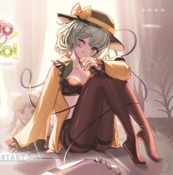 1girl arm_on_knee black_bra black_panties bra breasts creenoy full_body fumo_(doll) green_eyes green_hair hat highres komeiji_koishi long_sleeves looking_at_viewer medium_hair one_eye_closed open_clothes open_shirt panties pantyhose puffy_sleeves reiuji_utsuho shirt sitting small_breasts smile solo third_eye tongue tongue_out touhou underwear yellow_shirt