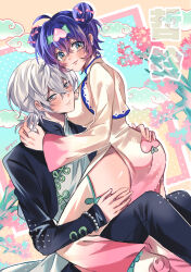 1boy 1girl absurdres artist_name ass belle_(zenless_zone_zero) black_pants blue_hair breasts brother_and_sister chinese_clothes closed_mouth commentary crossed_bangs felichiii green_eyes grey_hair hair_between_eyes highres hug implied_incest large_breasts looking_at_viewer mutual_hug pants siblings smile wise_(zenless_zone_zero) zenless_zone_zero
