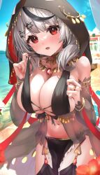 1girl beach bikini black_bikini black_hair black_hood breasts cleavage grey_hair hai_0013 hair_ornament highres hololive large_breasts looking_at_viewer medium_hair multicolored_hair nail_polish open_mouth red_eyes red_nails sakamata_chloe sand solo star_(symbol) star_hair_ornament streaked_hair swimsuit virtual_youtuber water x_hair_ornament