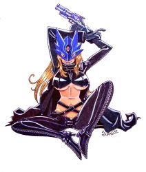 1girl arms_up beelstarmon black_coat black_pants blonde_hair blue_mask breasts coat cropped_shirt digimon digimon_(creature) eye_mask fang full_body gun highres holding holding_gun holding_weapon large_breasts long_hair open_clothes open_coat pants purple_lips red_eyes simple_background solo taragraphika trigger_discipline underboob weapon white_background