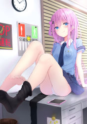 1girl :q ass bare_legs barefoot black_thighhighs blue_eyes blue_shirt blue_skirt blush breasts cellphone clock closed_mouth collared_shirt commentary_request desk foot_focus hair_ornament hairclip heart heart_hair_ornament highres kouda_suzu no_shoes on_desk one_side_up original panties phone pink_hair pleated_skirt police police_uniform policewoman shirt short_sleeves single_thighhigh sitting skirt small_breasts smile soles solo thighhighs thighhighs_pull thighs tongue tongue_out underwear unworn_thighhighs wall_clock white_panties window window_blinds