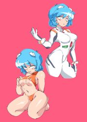 1girl arzonaut ass barefoot bikini blue_hair bodysuit breasts brown_hair cowboy_shot curvy full_body gloves hair_between_eyes highleg highleg_bikini highres interface_headset_(evangelion) looking_at_viewer looking_back mecha_pilot_suit multiple_views neon_genesis_evangelion nipple_slip nipples open_mouth orange_bikini panties plugsuit_(evangelion) red_background shiny_clothes short_hair simple_background skindentation smile smug souryuu_asuka_langley squatting swimsuit thong_bikini underwear white_bodysuit