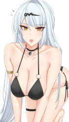 1girl absurdres all_fours alternate_costume armlet bare_shoulders barefoot bikini black_bikini breasts breath collarbone commentary grey_hair hair_ornament highres jewelry large_breasts long_hair looking_at_viewer mole mole_on_breast noise_paper notice_lines open_mouth orange_eyes side-tie_bikini_bottom simple_background solo sweat swimsuit thigh_strap white_background yi_xuan_(zenless_zone_zero) zenless_zone_zero