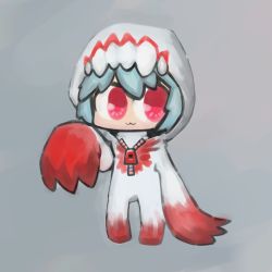 Rule 34 | 1girl, :3, blue hair, chibi, cosplay, fangs, kigurumi, loneoni, lowres, monster, otaku, parody, quake (series), quake 1, red eyes, shambler, shambler-chan, teeth, zipper
