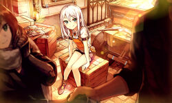 1boy 2girls aged_down arm_support black_shorts blue_eyes blurry blurry_foreground brown_hair closed_mouth commentary courage_(ta_ga_tame_no_alchemist) day green_eyes grey_hair gun handshake hazel_(ta_ga_tame_no_alchemist) indoors looking_at_another multiple_girls official_art prosthesis prosthetic_arm second-party_source shirt short_sleeves shorts sitting smile ta_ga_tame_no_alchemist weapon white_shirt wooden_box