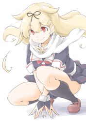 1girl akara_kai black_ribbon black_serafuku black_socks blonde_hair blush brown_shoes fingerless_gloves gloves hair_flaps hair_ornament hair_ribbon hairclip highres kantai_collection long_hair neckerchief red_eyes red_neckerchief ribbon scarf school_uniform serafuku shoes skirt socks solo squatting white_background white_scarf yuudachi_(kancolle) yuudachi_kai_ni_(kancolle)