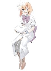 1girl back_bow beret black_thighhighs blue_eyes boots bow bowtie brown_boots collared_dress curtained_hair dress full_body hat highres higurashi_no_naku_koro_ni holding holding_unworn_clothes holding_unworn_hat ihwa0283 invisible_chair knee_boots lace-up_boots long_dress looking_at_viewer orange_hair puffy_short_sleeves puffy_sleeves purple_bow purple_bowtie ryuuguu_rena short_hair short_sleeves simple_background sitting sketch smile solo thighhighs unworn_hat unworn_headwear white_background white_dress witch_hat