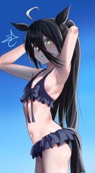 1girl ahoge animal_ears bikini bikini_skirt black_bikini black_hair blue_background breasts commentary frilled_bikini frills from_above gradient_background hair_between_eyes highres horse_ears horse_girl horse_tail long_hair long_hair_between_eyes looking_at_viewer manhattan_cafe_(umamusume) multicolored_hair slcunix small_breasts solo swimsuit tail umamusume yellow_eyes