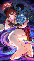 1girl absurdres bare_legs barefoot black_choker black_shirt chain choker closed_mouth clothes_writing earth_(ornament) fingernails frilled_skirt frills full_body gold_chain green_skirt happy hecatia_lapislazuli highres kourou_(kouroukun) lying moon_(ornament) multicolored_skirt off-shoulder_shirt off_shoulder purple_skirt red_eyes red_hair red_skirt shirt short_sleeves skirt smile soles solo toenails toes touhou underworld_(ornament)