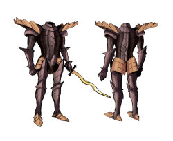 Rule 34 | armor, armored boots, boots, commentary, concept art, full armor, gauntlets, greaves, holding, holding sword, holding weapon, knight, living armor, living weapon, monster, original, pauldrons, shoulder armor, sword, uns (sdsxsoverlord), weapon