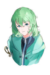 1other androgynous aqua_jacket black_shirt blue_eyes closed_mouth collared_shirt cropped_torso crossed_bangs expressionless green_hair hair_between_eyes high_collar highres hood hood_down hooded_jacket jacket len&#039;en light_frown looking_at_viewer medium_hair other_focus shirt shitodo_aoji simple_background solo white_background yoni. zipper zipper_pull_tab