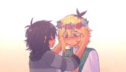 1boy 1girl antenna_hair basil_(faraway)_(omori) basil_(omori) black_hair blonde_hair blue_eyes blush closed_mouth collared_shirt donuqx earrings flower freckles glasses green_sweater_vest head_wreath jewelry looking_at_another mincy_(omori) multicolored_hair non-web_source omori open_mouth red-framed_eyewear roots_(hair) shirt short_hair short_sleeves smile star_(symbol) star_earrings sweater_vest white_shirt