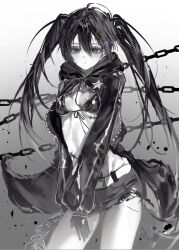 1girl 8x9_1t belt bikini bikini_top_only black_bikini black_coat black_hair black_rock_shooter black_rock_shooter_(character) black_shorts blue_eyes breasts chain coat cowboy_shot front-tie_top greyscale hair_between_eyes hashtag-only_commentary highres hood hooded_coat long_hair midriff monochrome navel no_shirt open_clothes open_coat pale_skin scar short_shorts shorts sidelocks small_breasts solo star_(symbol) star_print swimsuit thighs twintails uneven_twintails white_belt
