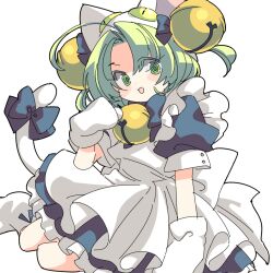 1girl animal_hat apron bell cat_hat cat_tail dejiko di_gi_charat dot_nose green_eyes green_hair hat hiyo_moo jingle_bell looking_at_viewer mittens neck_bell open_mouth ringed_eyes short_sleeves simple_background sitting solo tail white_apron white_background white_mittens