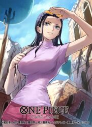 1girl bag black_hair blue_eyes breasts commentary_request copyright_name cowboy_shot eyelashes eyewear_on_head hair_slicked_back large_breasts long_hair looking_to_the_side nico_robin nico_robin_(zou) official_art one_piece one_piece_card_game orange-tinted_eyewear outdoors pink_shorts shading_eyes shirt short_shorts short_sleeves shorts shoulder_bag smile solo tinted_eyewear turtleneck turtleneck_shirt uroko_(mnr)