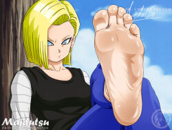 Rule 34 | 1girl, android 18, barefoot, blonde hair, blue eyes, day, denim, dragon ball, earrings, feet, foot focus, jeans, jewelry, majdutsu, pants, short hair, soles, solo, toes