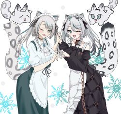 animal_ears bad_tag black_sky braided_sidelocks cake cheek_rest cross-laced_clothes cross-laced_sleeves dessert food freedomman_hero frilled_straps fuzzy_clothes grey_nails grey_tail highres hinamori_anthea holding holding_saucer indie indie_virtual_youtuber leopard_ears leopard_tail maid nata_(tool) red_pupils saucer sky snow_leopard_tail strawberry_shortcake tail teapot virtual wallpaper_(object)