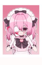 Rule 34 | 1girl, :3, ambiguous red liquid, apron, artist name, back bow, black bow, black bowtie, black choker, border, bow, bowtie, brooch, cat hair ornament, choker, closed mouth, dress, eyepatch, glove bow, gloves, gradient background, grey bow, hair between eyes, hair bow, hair ornament, hands up, hashtag-only commentary, highres, holding, holding whisk, index finger raised, jewelry, kur0na, light smile, long hair, looking at viewer, maid headdress, medical eyepatch, no pupils, one eye covered, original, outline, pink background, pink dress, pink eyes, pink hair, pointing, pointing at self, polka dot, polka dot background, puffy short sleeves, puffy sleeves, short sleeves, solo, straight-on, thick eyebrows, translated, upper body, whisk, white apron, white border, white gloves, white headdress, white outline