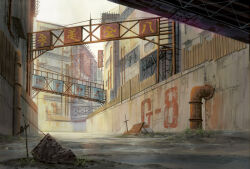Rule 34 | billboard, boarded windows, building, concept art, drainpipe, industrial pipe, kaneko4591, no humans, original, plank, ruins, scenery, sign, truss, window, wire, wooden wall