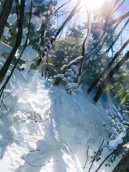 absurdres artist_name banishment blue_sky commentary_request day highres no_humans original outdoors scenery signature sky snow sun tree winter