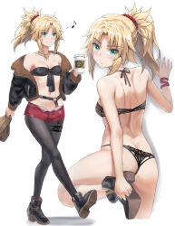 1girl ahoge ass back bare_arms bare_shoulders black_bra black_footwear black_jacket black_panties black_pantyhose blonde_hair blush bra braid breasts butt_crack choker closed_mouth collarbone commentary cropped_legs cup disposable_cup earrings fang fate/apocrypha fate/grand_order fate_(series) from_behind full_body green_eyes hair_ornament hair_scrunchie half_up_braid high-waist_shorts highres holding holding_cup jacket jewelry long_hair looking_at_viewer looking_back mordred_(fate) mordred_(fate/apocrypha) multiple_views musical_note navel o-ring o-ring_choker open_clothes open_fly open_jacket panties pantyhose parted_bangs ponytail red_scrunchie scrunchie shiny_skin shirt shorts shoulder_blades sidelocks simple_background sleeveless sleeveless_shirt small_breasts smile spoken_musical_note standing standing_on_one_leg tonee underwear white_background