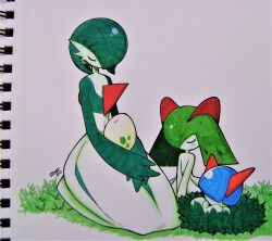 alternate_color blue_hair bob_cut bowl_cut closed_eyes colored_skin creatures_(company) dress egg game_freak gardevoir gen_3_pokemon grass green_hair green_skin hair_over_one_eye highres horns kirlia multicolored_skin nintendo on_grass photo_(medium) pokemon pokemon_(creature) pokemon_egg ralts shiny_pokemon sidelocks simple_background sitting superiordutchsauce traditional_media two-tone_skin white_background white_dress white_skin