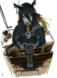 1girl ahoge animal_ears black_coat black_gloves black_hair black_pantyhose black_skirt closed_mouth coat coffee coffee_mug cup dom1 expressionless gloves hair_between_eyes highres holding holding_cup horse_ears horse_girl horse_tail long_bangs long_hair looking_at_viewer manhattan_cafe_(umamusume) mug necktie open_clothes open_coat pantyhose petticoat pleated_skirt simple_background sitting sketch skirt solo steam tail umamusume white_background wooden_floor yellow_eyes yellow_necktie