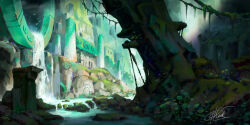 chinnkun fantasy flock fog green_theme landscape no_humans original painterly plant river rock ruins signature sunlight vines water