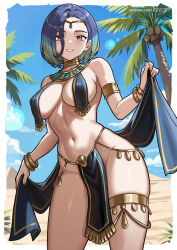 1girl ancient_egyptian_clothes aqua_hair armpit_crease bare_hips bare_shoulders blue_hair breast_curtains breasts brown_eyes circlet coconut_tree desert gold_armlet gold_thighlet green_hair grin groin harem_outfit highres looking_at_viewer medium_breasts multicolored_hair navel nintendo palm_tree pelvic_curtain perrin_(pokemon) pokemon pyramid_(structure) redjet shiny_skin short_hair smile solo stomach thick_thighs thighs tree tsurime