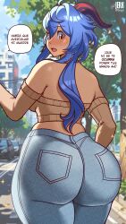 1girl 2025 absurdres ahoge alternate_costume artist_name ass ass_focus backboob beige_sweater blue_hair blurry blurry_background blush breasts car cleavage collarbone cowboy_shot curvy day denim embarrassed ganyu_(genshin_impact) genshin_impact half-closed_eyes highres horns huge_ass huge_filesize jeans jerkdibuja large_breasts long_hair long_sleeves looking_back midriff motor_vehicle off_shoulder open_mouth outdoors pants parted_lips plunging_neckline purple_eyes road shadow solo_focus spanish_commentary spanish_text sparkle speech_bubble thick_thighs thighs variant_set