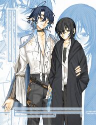 2boys black_eyes black_hair blue_hair check_copyright choker coat commission copyright_request gauze gauze_on_cheek hands_in_pockets highres kennomou looking_at_another multiple_boys orange_eyes original pointy_ears short_hair smile zoom_layer