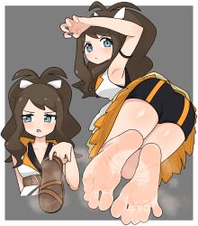 1girl absurdres ass barefoot blue_eyes blush brown_hair feet highres hilda_(pokemon) long_hair looking_at_viewer looking_to_the_side nairo nintendo parted_lips pokemon pokemon_masters_ex sandals shoes single_shoe soles steam toes unworn_sandals unworn_shoes
