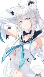 absurdres animal_ears blue_eyes breasts detached_sleeves fox_ears fox_girl highres hololive large_breasts marbo_(saico556) navel shirakami_fubuki shirt simple_background strapless strapless_shirt upper_body virtual_youtuber white_background white_hair white_hood white_shirt white_sleeves
