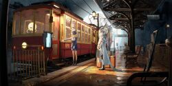 Rule 34 | 2girls, absurdres, animal ears, ata-zhubo, bench, blue jacket, blue skirt, boots, commentary, dress shirt, ears through headwear, english commentary, facial hair, hat, helmet, highres, holding luggage, jacket, lamppost, light particles, multiple girls, mustache, necktie, newspaper, original, power lines, rabbit ears, railing, shirt, skirt, sky, space helmet, spacesuit, standing, star (sky), starry sky, suitcase, tactile paving, train, train attendant, train station, train station platform, travel attendant, uniform, wooden bench