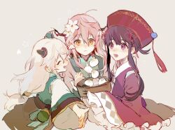 3girls :d ahoge bacheally steamed_bun black_hair blush child chinese_clothes closed_eyes closed_mouth cropped_torso flower food hair_flower hair_ornament hanfu hat holding horns long_hair long_sleeves looking_at_another low-tied_long_hair multiple_girls open_mouth original pink_hair purple_eyes purple_hair red_hat sidelocks simple_background smile upper_body white_flower white_hair wide_sleeves yellow_eyes