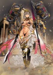 1girl arm_at_side asymmetrical_dual_wielding ball_and_chain_restraint bare_shoulders black_bra black_gloves black_panties black_thighhighs blue_eyes bound bound_legs bra bracelet breasts breasts_apart chain closed_mouth cuffs dark-skinned_female dark_skin dual_wielding dust elbow_gloves fate/grand_order fate_(series) floating floating_hair floating_object floating_weapon frilled_skirt frills full_body game_cg gloves gold_anklet gold_bracelet gold_chain gold_choker gold_tiara gradient_hair grey_hair groin hand_up highleg highleg_panties holding holding_polearm holding_sword holding_weapon jewelry large_breasts long_hair long_skirt looking_to_the_side multicolored_hair navel nishiide_kengorou official_art panties pink_hair polearm revealing_clothes shackles shawl skirt solo standing stomach sword thighhighs third-party_source tiara toeless_legwear toned toned_female torn_clothes torn_skirt underboob underwear variant_set very_long_hair weapon white_shawl white_skirt zenobia_(fate)