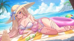 Rule 34 | 1girl, artist name, ball, beach, beach towel, beachball, bikini, blonde hair, blue eyes, bottle, breasts, cleavage, cloud, coconut tree, collarbone, earrings, gradient hair, hat, highres, indie virtual youtuber, innertube, jewelry, kacy janna, konyanart, large breasts, long hair, multicolored hair, navel, ocean, palm tree, pink hair, purple nails, sand castle, sand sculpture, shadow, shell, sky, solo, sun hat, swim ring, swimsuit, tongue, towel, tree, virtual youtuber, white bikini
