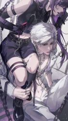 1boy 1girl bare_shoulders black_boots black_gloves black_shirt black_skirt boots chain chain_necklace crop_top earrings elbow_gloves gloves grey_pants hair_between_eyes highres jewelry long_hair love_and_deepspace midriff miniskirt navel necklace open_mouth pants protagonist_(love_and_deepspace) purple_hair red_eyes shirt short_hair sitting_on_shoulder skirt swept_bangs sylus_(love_and_deepspace) white_hair yibai0419