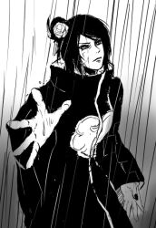 1girl akatsuki_uniform flower hair_bun hair_flower hair_ornament harakara12 konan_(naruto) labret_piercing monochrome naruto_(series) naruto_shippuuden open_hand paper rain short_hair wet