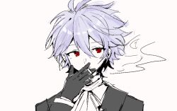 Rule 34 | 1boy, ascot, bad id, bad lofter id, cigarette, crossed bangs, gloves, hair between eyes, highres, holding, holding cigarette, jacket, male focus, miaozishishenqishengwu, portrait, purple hair, red eyes, saibou shinkyoku, short hair, simple background, sketch, smoking, solo, spot color, theodore riddle, white background