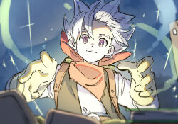 1boy backpack bag blue_background bright_pupils commentary_request doofuf dragon_quest dragon_quest_builders_2 floating_clothes floating_hair gloves glowing grey_vest light_smile looking_at_viewer male_builder_(dqb2) male_focus neckerchief purple_eyes red_neckerchief shirt short_hair solo spiked_hair upper_body vest white_hair white_pupils white_shirt yellow_gloves