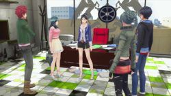 1girl 2boys 3d 3girls akagi_touma animated animated_gif aoi_itsuki atlus black_eyes black_hair blue_hair boots breasts cleavage coat desk genei_ibunroku_#fe glasses high_heels jacket jiggle kurono_kiria large_breasts legs mole multiple_boys multiple_girls oribe_tsubasa pants red_hair shimazaki_maiko short_hair skirt talking thighhighs