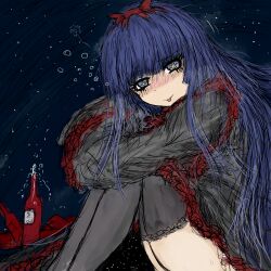 1girl :p alcohol black_dress black_souls black_souls_ii black_thighhighs blue_eyes blue_hair blunt_bangs blush bottle bow bubble dress drunk frilled_dress frills gothic_lolita hair_bow hair_ribbon hairband hime_cut hugging_own_legs jaggy_lines knees_up lace lace-trimmed_legwear lace_trim lolita_fashion long_hair long_sleeves looking_at_viewer mabel_(black_souls) night night_sky official_art purple_hair red_frills ribbon sitting sketch sky smile solo star-shaped_pupils star_(sky) star_(symbol) starry_sky sushi_yuusha_toro symbol-shaped_pupils thighhighs tongue tongue_out very_long_hair wine_bottle yellow_pupils yog-sothoth
