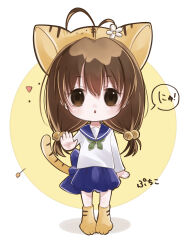 1girl absurdres animal_hat antenna_hair blue_shorts brown_eyes brown_hair cat_hat chibi chibi_only di_gi_charat full_body gema green_neckerchief hat highres long_hair neckerchief puchiko school_uniform shirt shorts solo speech_bubble translation_request user_auch3243 white_shirt