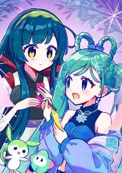 Rule 34 | 2girls, 2others, aoiyui, aqua hair, aqua nails, black hair, blue eyes, blue jacket, blunt bangs, blush, breasts, closed mouth, crop top, dot nose, earrings, hair ornament, hatsune miku, heart, heart earrings, highres, holding, holding pen, holding tanzaku, jacket, jewelry, long hair, looking at another, magical mirai (vocaloid), magical mirai miku, magical mirai miku (2025), multiple girls, multiple others, official alternate costume, official alternate hairstyle, open clothes, open jacket, open mouth, pen, pink nails, small breasts, smile, star (symbol), star hair ornament, tanzaku, touhoku zunko, twintails, very long hair, vocaloid, voiceroid, yellow eyes, zundamon, zundamon (utau)