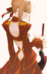 1girl artoria_pendragon_(fate) ass blonde_hair breasts butt_crack fate/extra fate/grand_order fate_(series) fov_ps green_eyes long_sleeves looking_at_viewer medium_breasts nero_claudius_(fate) nero_claudius_(fate/extra) saber_(fate) solo