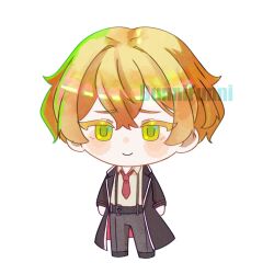 1boy black_pants blonde_hair chibi closed_mouth collared_shirt full_body funnibunni green_eyes highres limbus_company long_sleeves looking_at_viewer male_focus necktie pants project_moon red_necktie shirt short_hair simple_background sinclair_(project_moon) smile solo standing white_background white_shirt