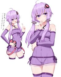 1girl absurdres ahoge bare_shoulders blush breasts commentary_request covered_navel detached_sleeves dress highres low_twintails multiple_views open_mouth purple_dress purple_eyes purple_hair purple_thighhighs ruttse short_dress simple_background small_breasts smile thigh_gap thighhighs translation_request twintails vocaloid voiceroid white_background yuzuki_yukari